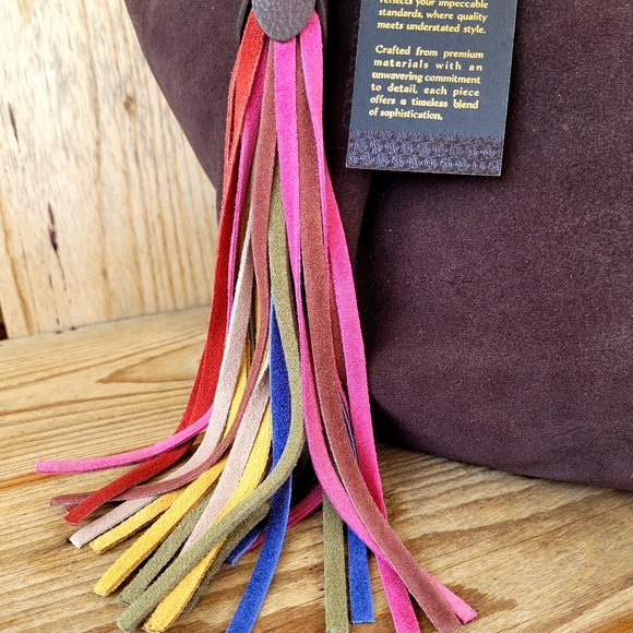 *Rare* Suede Leather Tote Shoulder Handbag With Mutlicolored Leather Tassel NWT - Picture 3 of 12